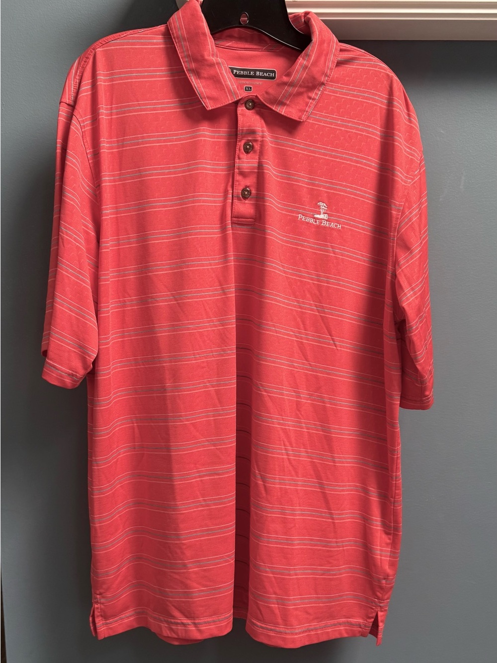 Pebble Beach Coral-Striped Men’s Performance Fit Polo